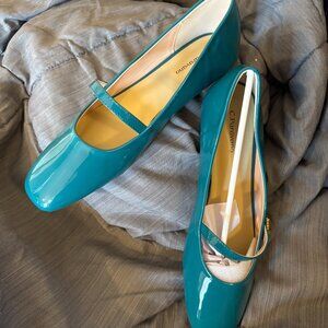 C. Petaromano Teal Patent Mary Jane Flats